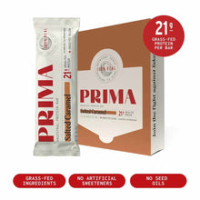 PRIMA Ancestral Protein Bar in Salted Caramel flavor with 21g grass-fed protein, shown individually wrapped and in brown box