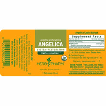 Herb Pharm Angelica liquid extract bottle label with orange and green sections showing supplement facts and product informati