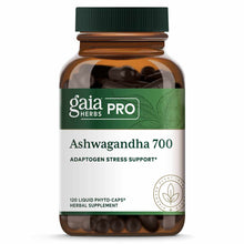 Gaia Herbs Pro Ashwagandha 700 bottle with green cap containing dark capsules, 120 liquid phyto-caps herbal supplement.