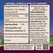 Wishgarden Herbs Ashwagandha supplement label with supplement facts, ingredients, and usage instructions on purple starry bac