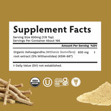 Supplement facts label showing 600mg ashwagandha root extract per serving with USDA organic, kosher, gluten-free, and vegan c