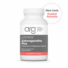 White bottle of Ashwagandha Plus dietary supplement by Allergy Research Group containing 60 vegetarian capsules.