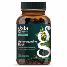 Gaia Herbs Ashwagandha Root supplement bottle with green cap containing 120 dark liquid phyto-caps.