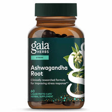 Gaia Herbs Ashwagandha Root supplement bottle with green cap containing 60 liquid phyto-caps.
