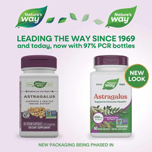Two bottles of Nature's Way Astragalus Premium Extract dietary supplement with purple caps, showing old and new packaging des