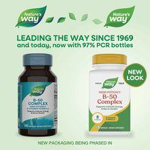 Nature's Way B-50 Complex vitamin bottles in dark blue and white containers with gold caps, containing 100 capsules each.