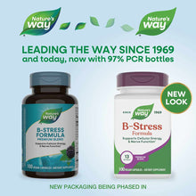 Two Nature's Way B-Stress Formula bottles showing old dark brown packaging on left and new white and burgundy packaging on ri