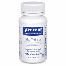 White bottle with blue Pure Encapsulations label showing B12 Folate dietary supplement, 60 capsules.
