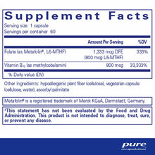 Supplement Facts label showing B12 Folate capsule nutritional information with 60 servings per container and Pure Encapsulati
