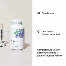 White bottle of Thorne Research Basic Nutrients 2/Day dietary supplement with colorful watercolor design on label.