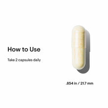 Cream and yellow capsule with usage instructions stating "Take 2 capsules daily," measuring 0.854 inches or 21.7 mm.