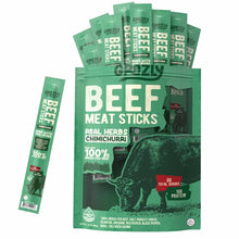 A green Grazly Chimichurri beef meat sticks bag with individually wrapped sticks emerging from the top and one stick beside it.