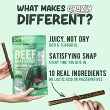 Hands hold a green Grazly beef meat sticks package and two dark meat sticks beside text about juiciness, snap, and ingredients.