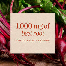 Fresh beets with green leaves and text overlay stating "1,000 mg of beet root per 2-capsule serving."