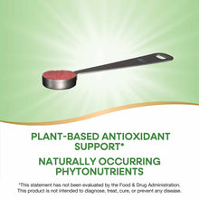 Measuring spoon filled with red beet root powder on green background.