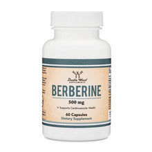 White bottle of Double Wood Supplements Berberine 500 mg dietary supplement containing 60 capsules.