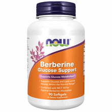 White bottle with dark blue cap labeled "NOW Berberine Glucose Support," 90 softgels, orange band with product information.