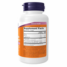 White bottle with dark blue cap containing NOW Foods Berberine Glucose Support supplement softgels with orange and purple lab