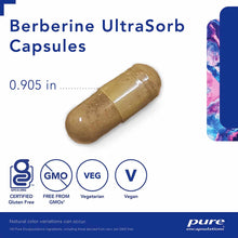 Tan Berberine UltraSorb capsule measuring 0.905 inches with gluten-free, GMO-free, vegetarian, and vegan certification badges