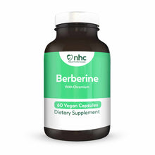 Dark glass bottle with white cap containing 60 vegan capsules of Berberine with Chromium dietary supplement by Natural Health