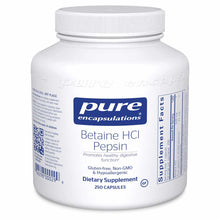 White bottle of Pure Encapsulations Betaine HCl Pepsin dietary supplement with white cap and blue label, containing 250 capsu