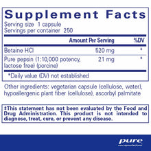 Supplement Facts label for Betaine HCl 250 capsules showing 520 mg per serving with pure pepsin and other ingredients listed.