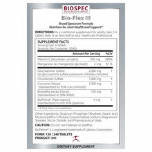 Bio-Flex III supplement label showing nutrition facts, ingredients, and directions for joint health support.