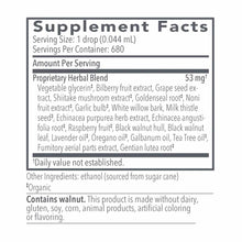 Supplement Facts label for Biocidin Broad Spectrum Liquid Formula showing serving size, herbal blend ingredients, and allerge