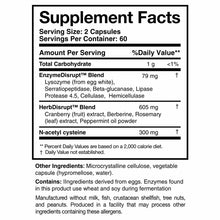 Supplement Facts label for BioDisrupt capsules showing serving size, ingredients including enzyme and herb blends, and allerg