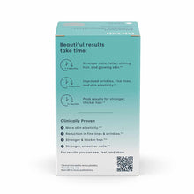 Turquoise and white product box displaying timeline and clinical benefits information with QR code.