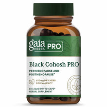 Gaia Herbs Pro Black Cohosh bottle with green cap containing 60 dark liquid phyto-caps.