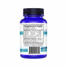 Blue glass bottle with black cap containing magnesium supplement capsules and Black Earth Minerals blend with label and barco