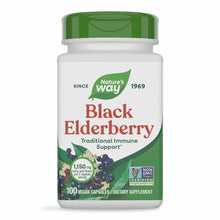 White bottle with green cap containing 100 vegan capsules of Nature's Way Black Elderberry supplement, 1,150 mg per serving.