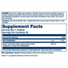 Solaray Aged Black Garlic Extract supplement facts label showing 500mg Garizac black garlic per vegcap serving.