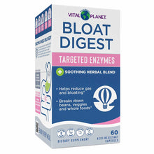 Vital Planet Bloat Digest Targeted Enzymes bottle containing 60 acid-resistant capsules with soothing herbal blend.