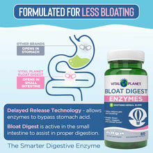 Vital Planet Bloat Digest Enzymes green bottle with white cap, 60 capsules, featuring stomach and intestine diagram and produ