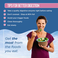 Woman in purple shirt holding bowl of vegetables with digestion tips displayed on blue background.