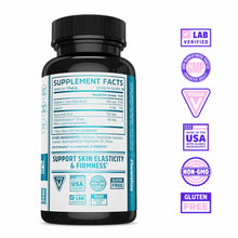 Black supplement bottle with teal label showing Body Smooth formula with certification badges for lab verified, vegan, made i