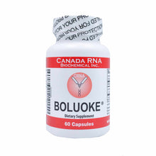 White plastic bottle with red label reading "CANADA RNA Biochemical Inc." and "BOLUOKE Dietary Supplement 60 Capsules" with t
