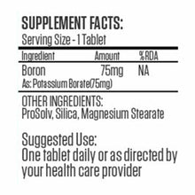 Supplement facts label for BoroTab 75 mg tablet showing boron content and ingredients including potassium borate, silica, and