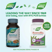 Two Boswellia supplement bottles side by side: dark glass bottle on left, white bottle with purple cap on right labeled "new
