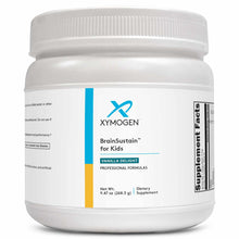 White plastic jar with white screw cap containing Xymogen Brain Sustain for Kids vanilla delight dietary supplement powder, 9