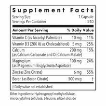 Supplement Facts label listing Vitamin C, D3, Calcium, Magnesium, Zinc, and Boron per capsule serving.