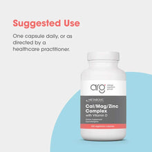 White bottle of Cal/Mag/Zinc Complex with Vitamin D dietary supplement containing 240 vegetarian capsules by Allergy Research