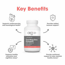 White bottle of Cal/Mag/Zinc Complex with Vitamin D by Allergy Research Group, 240 vegetarian capsules, surrounded by benefit