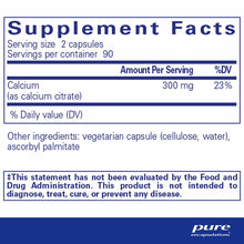 Supplement Facts label for calcium citrate showing 300 mg per serving, 90 servings per container, with Pure Encapsulations br