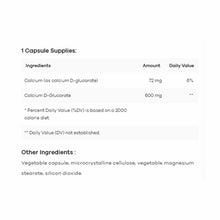 Supplement facts label showing calcium D-glucarate 600 mg per capsule with ingredient list including vegetable capsule and mi
