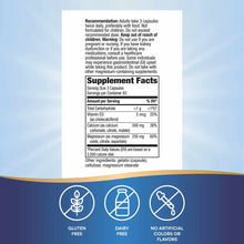 Supplement Facts label for Calcium Mag & D Complex showing dosage, nutritional information, and icons indicating gluten-free,
