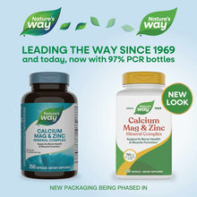 Two Nature's Way Calcium Mag & Zinc Mineral Complex bottles: dark brown older design and white newer design with gold cap, ea