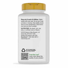 White plastic supplement bottle with gold cap and product information label on back.